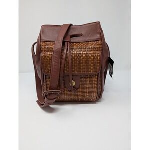 Linda Allard Ellen Tracy Brown Genuine Leather Woven Crossbody Bucket Bag NWT